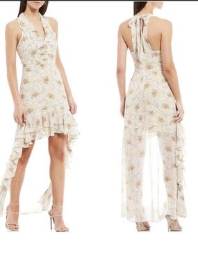 BADGLEY MISCHKA Floral Ruffle High-Low Halter Dress size 10